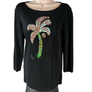 Carina Top Women’s Small Black Long Sleeve Palm Trees Sequins Beaded (338)